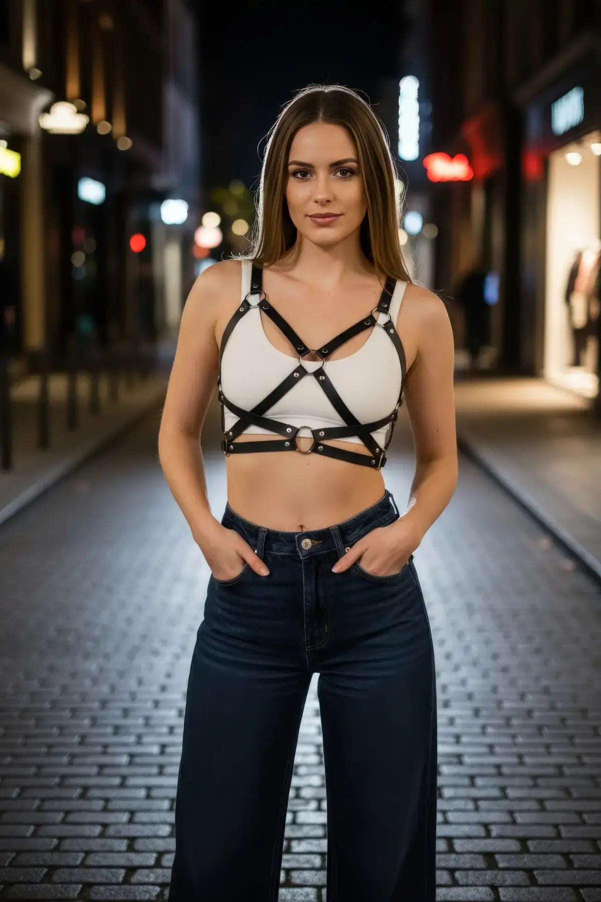 Women's black vegan-leather O-ring cage harness, strappy body accessory