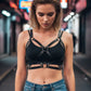 Women's black vegan leather O-ring cage harness by HarnessClub.