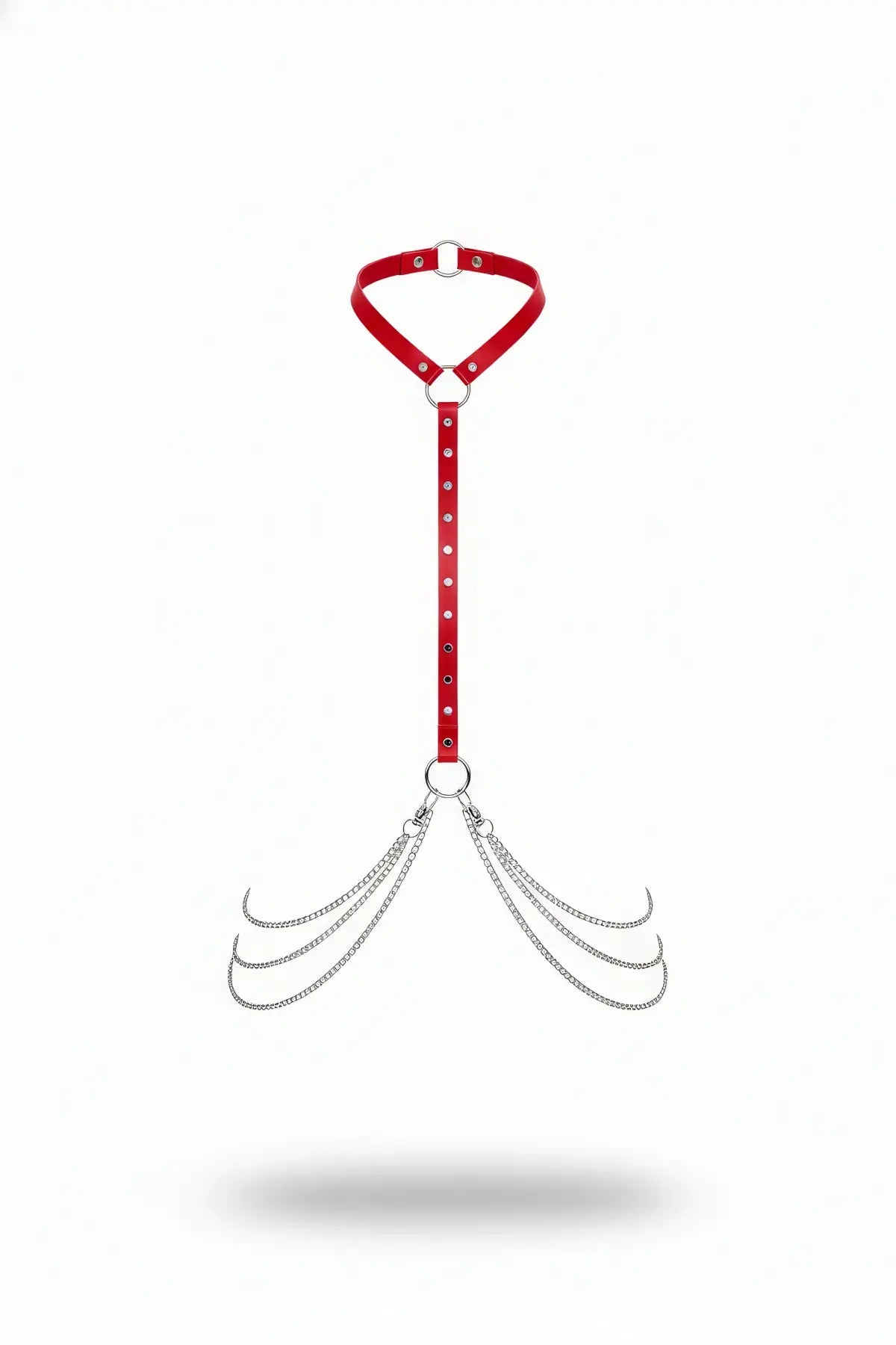 Red vegan leather choker harness with riveted sternum strap and dangling silver chain tassels