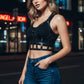 Womens black studded cage bust layering harness by HarnessClub, vegan leather body accessory