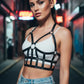 Womens black vegan leather studded cage bust layering harness