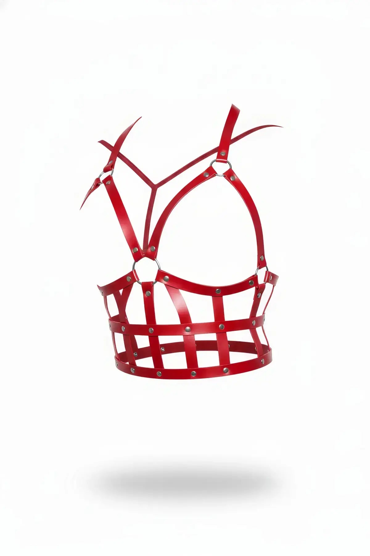 HarnessClub red vegan-leather cage bustier harness with metal rings and studs