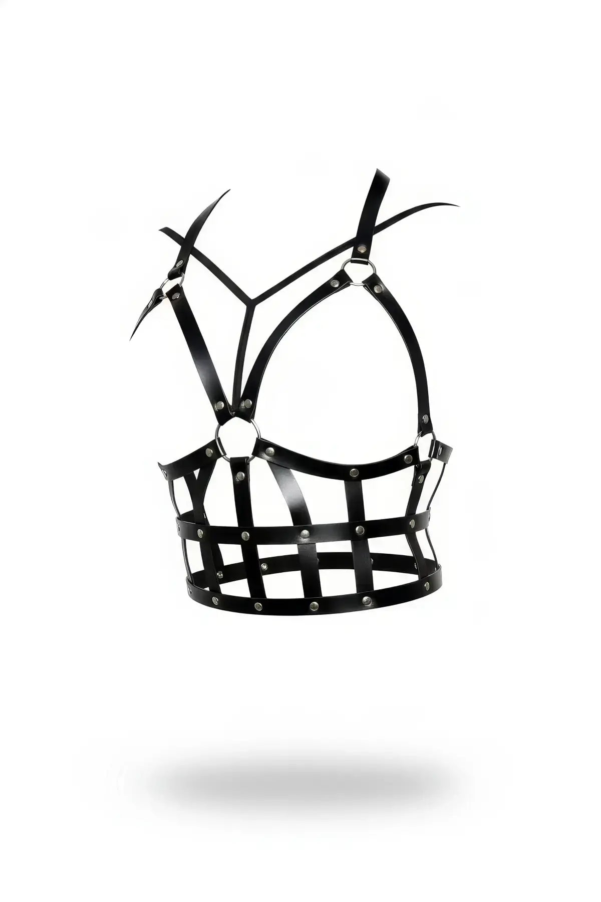 Womens black studded cage corset harness with open-cup design in vegan leather by HarnessClub