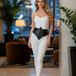 Womens black diamond-studded vegan leather corset belt by HarnessClub worn at the waist