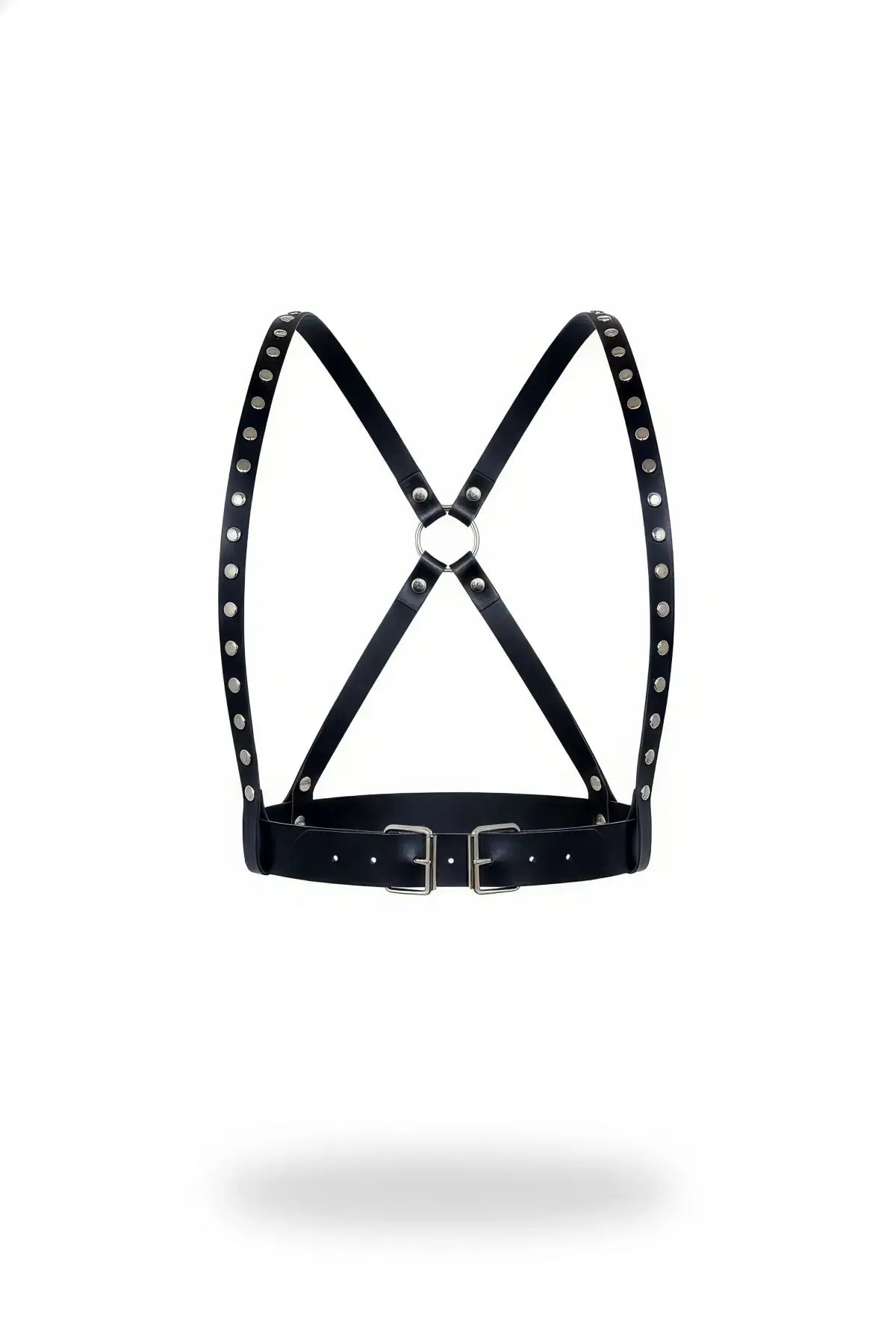 Womens black vegan leather studded cross-strap body harness belt with back ring, HarnessClub