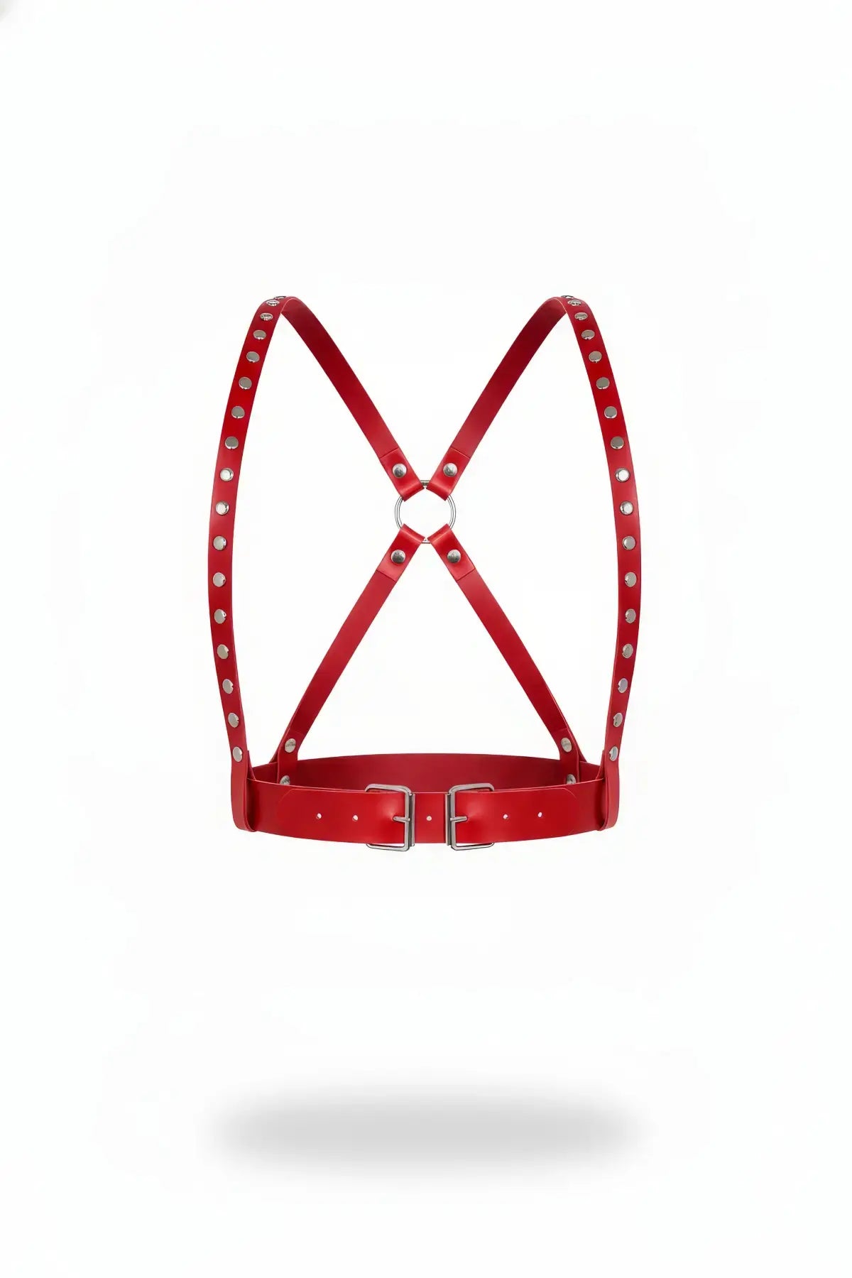 HarnessClub red vegan leather studded crossover suspender belt with double waist buckles