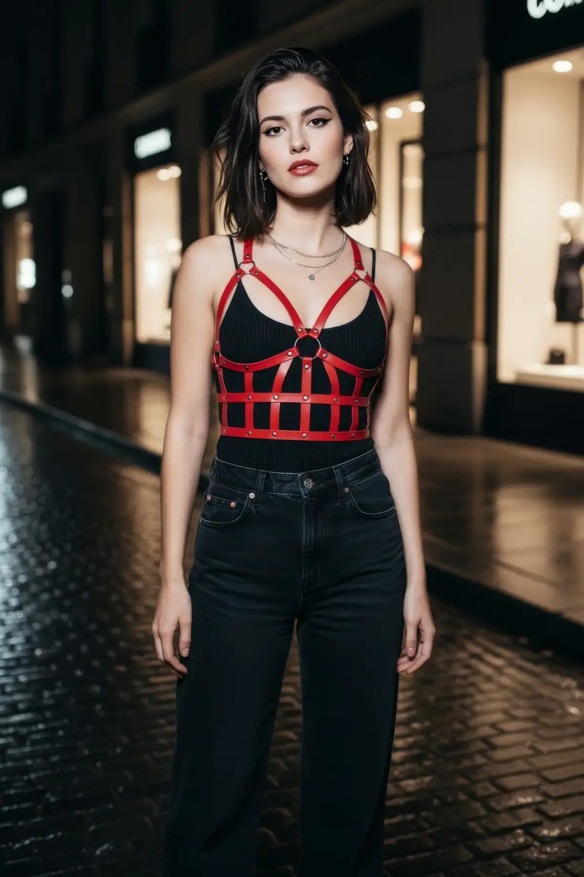 Womens red vegan leather studded open-cage bust harness over a black top by HarnessClub