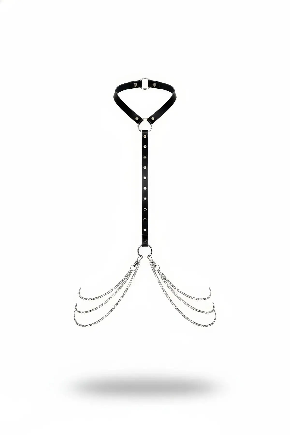 Womens black vegan leather triangle-collar body harness with silver chain tassels by HarnessClub