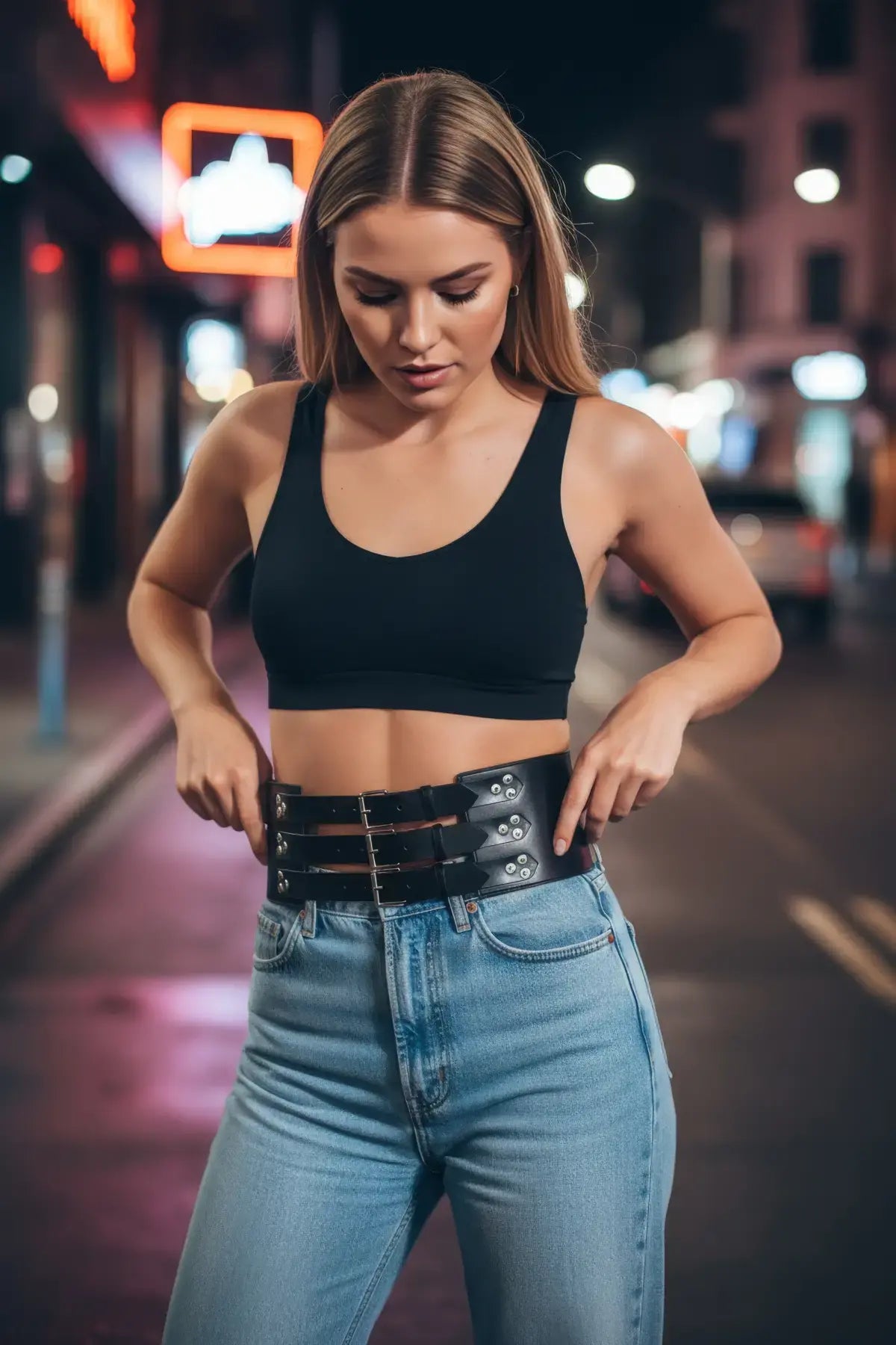Womens Black Triple-Buckle Wide Corset Belt by HarnessClub, vegan leather waist accessory