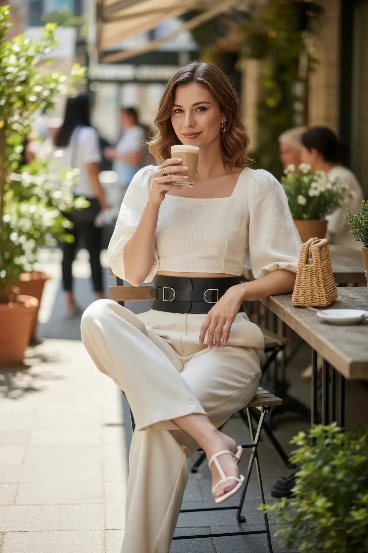 Women's black wide D-ring waist belt in vegan leather with dual metal D-rings, worn over a white outfit.