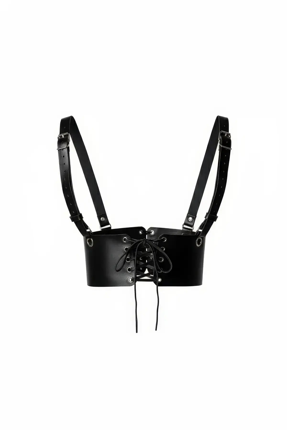 Womens black vegan leather corset belt with lace-up front and adjustable shoulder straps
