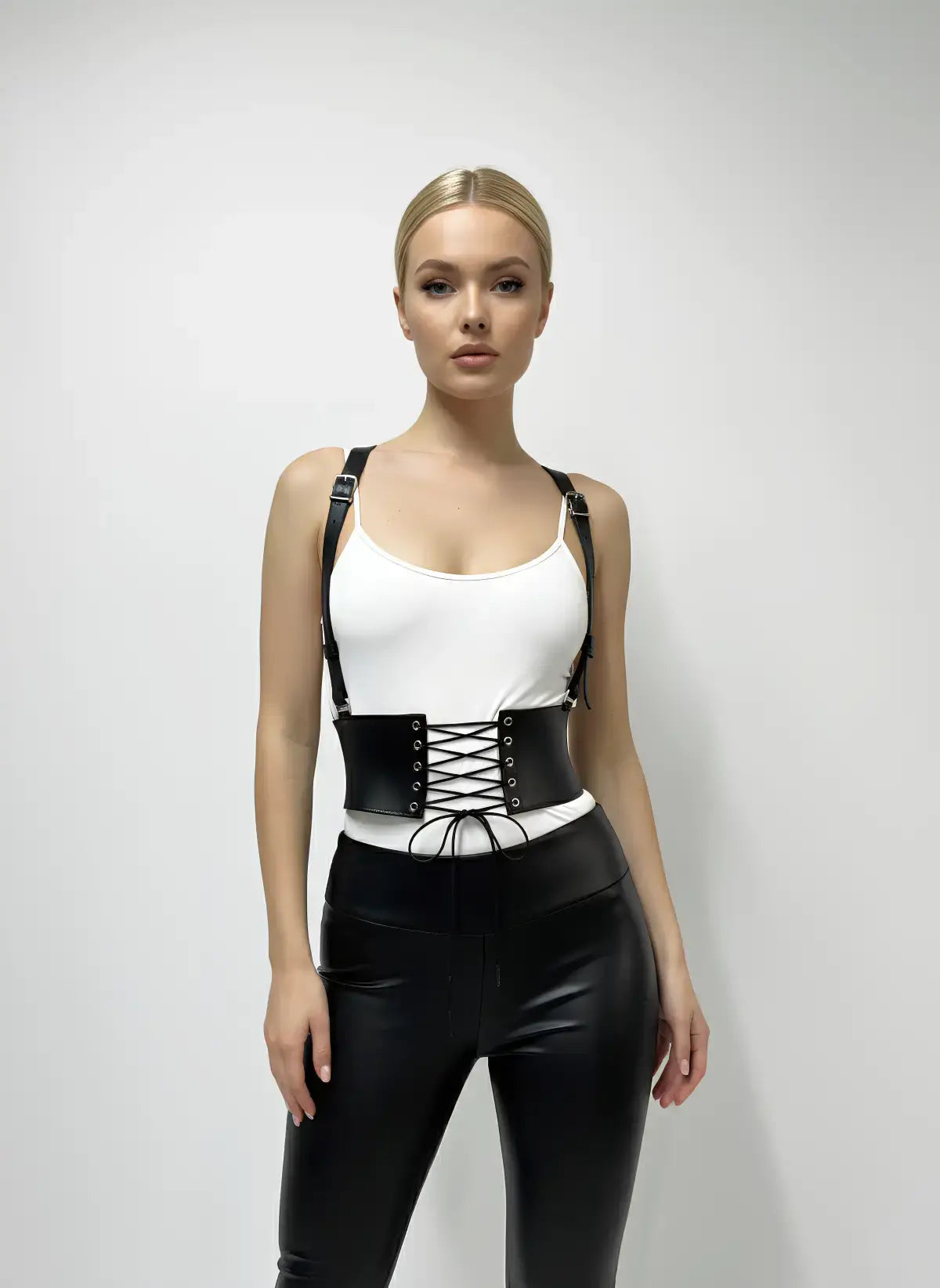 Womens black vegan leather wide lace-up corset belt with suspenders by HarnessClub