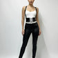 Womens black vegan leather corset belt with lace-up front and attached suspenders by HarnessClub.