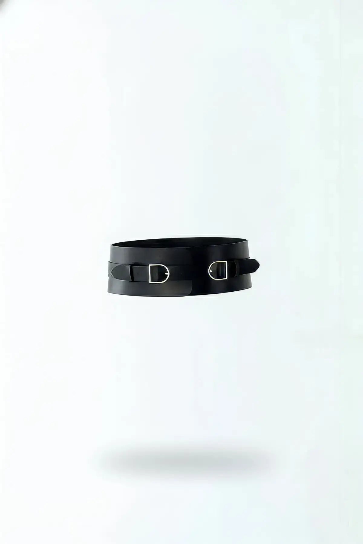 Women's black wide vegan leather waist belt with dual buckle hardware by HarnessClub