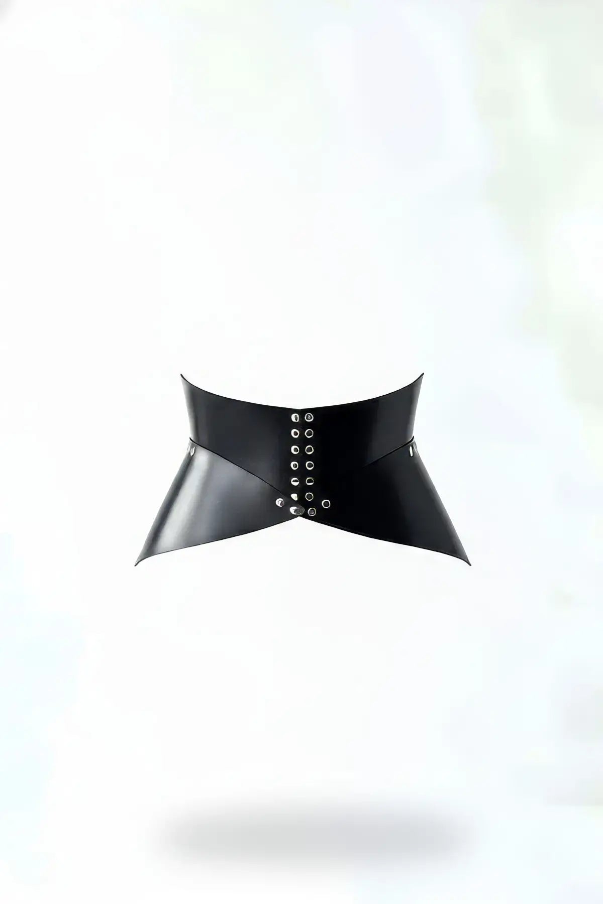 Women's black vegan leather wide-wing eyelet corset belt by HarnessClub waist cincher