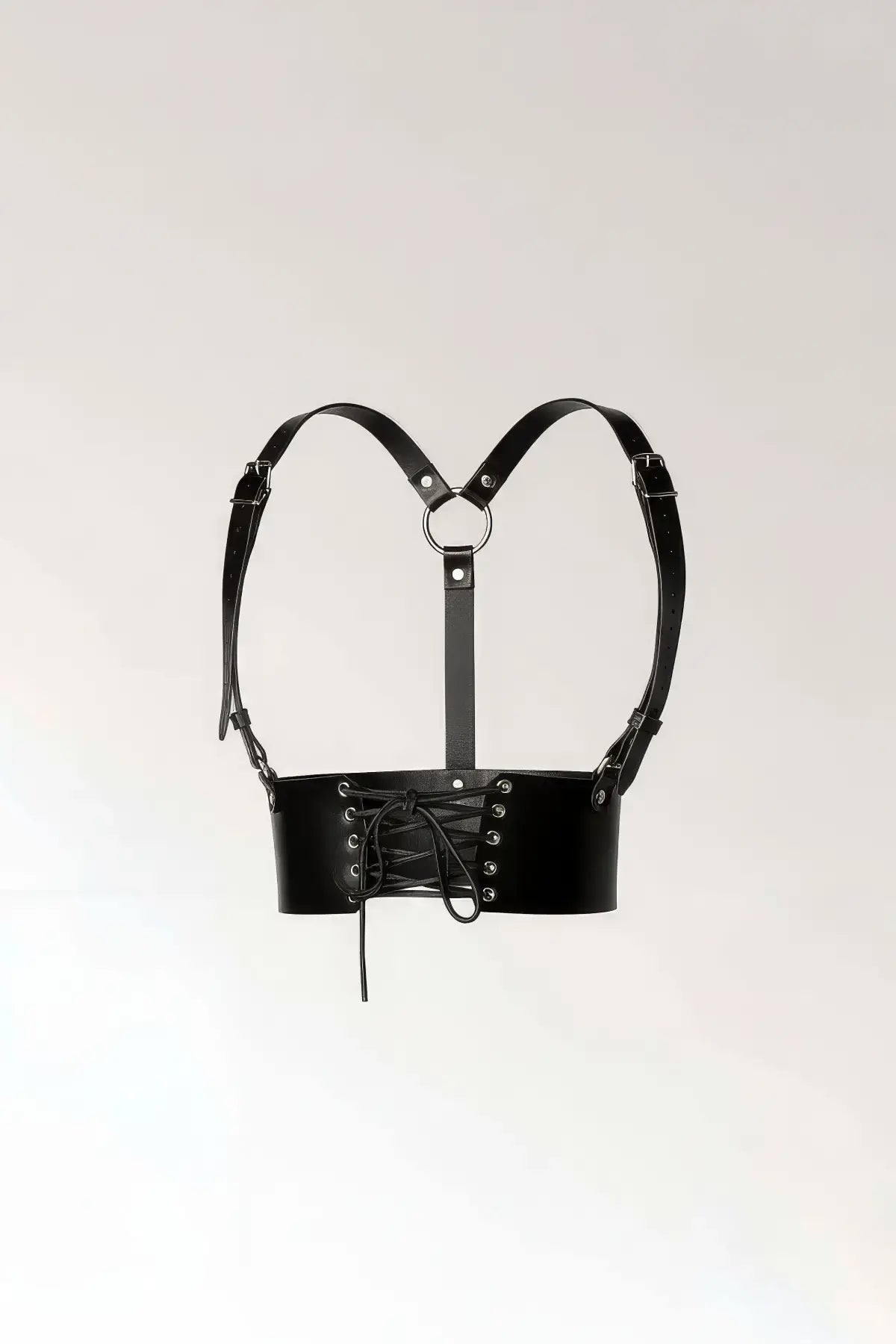 Womens black vegan leather Y-strap halter corset waist belt with lace-up front by HarnessClub
