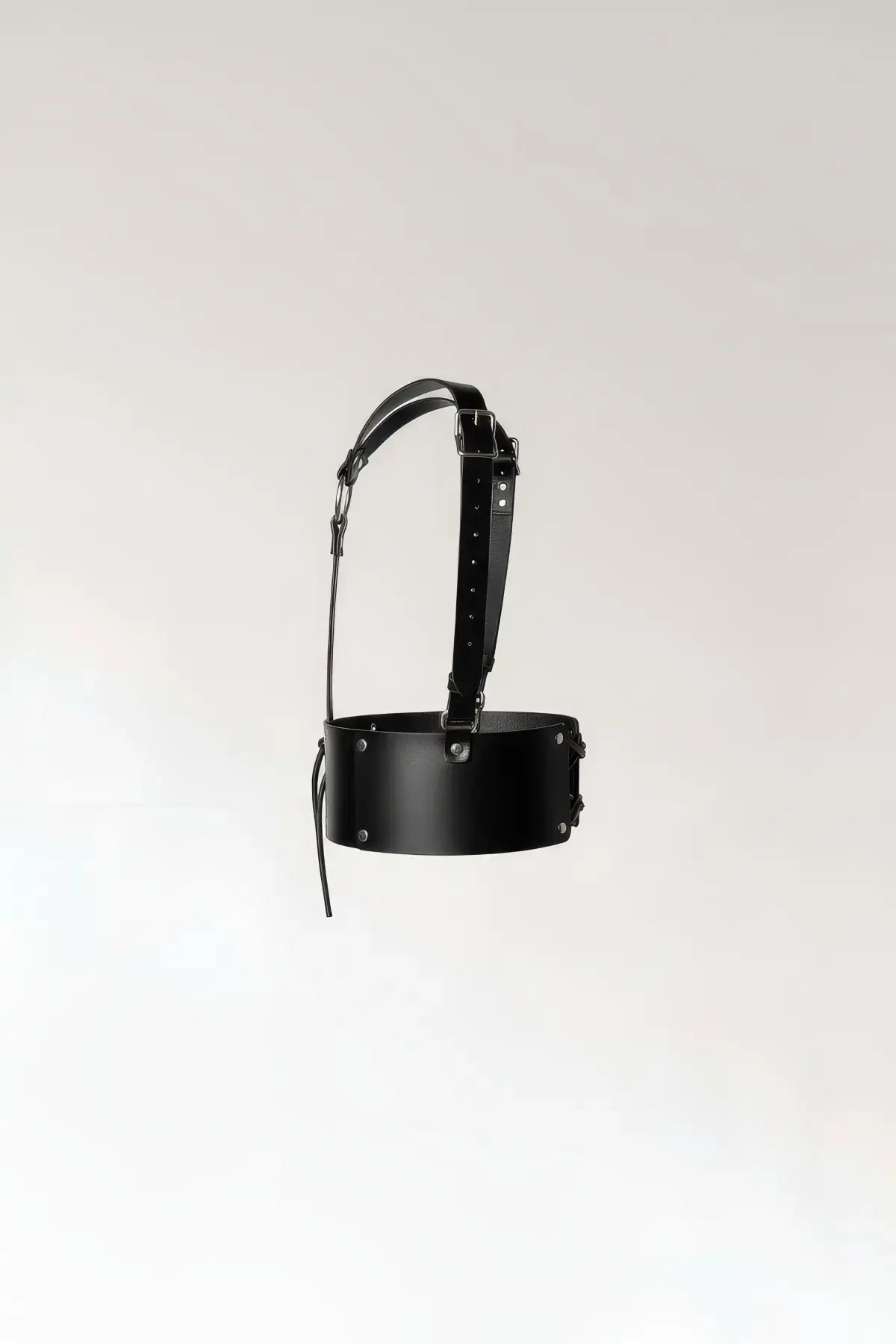 Womens black vegan leather Y-strap halter waist belt with lace-up corset detail