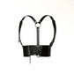 Womens black vegan leather corset waist belt with lace-up front and Y-straps, HarnessClub.