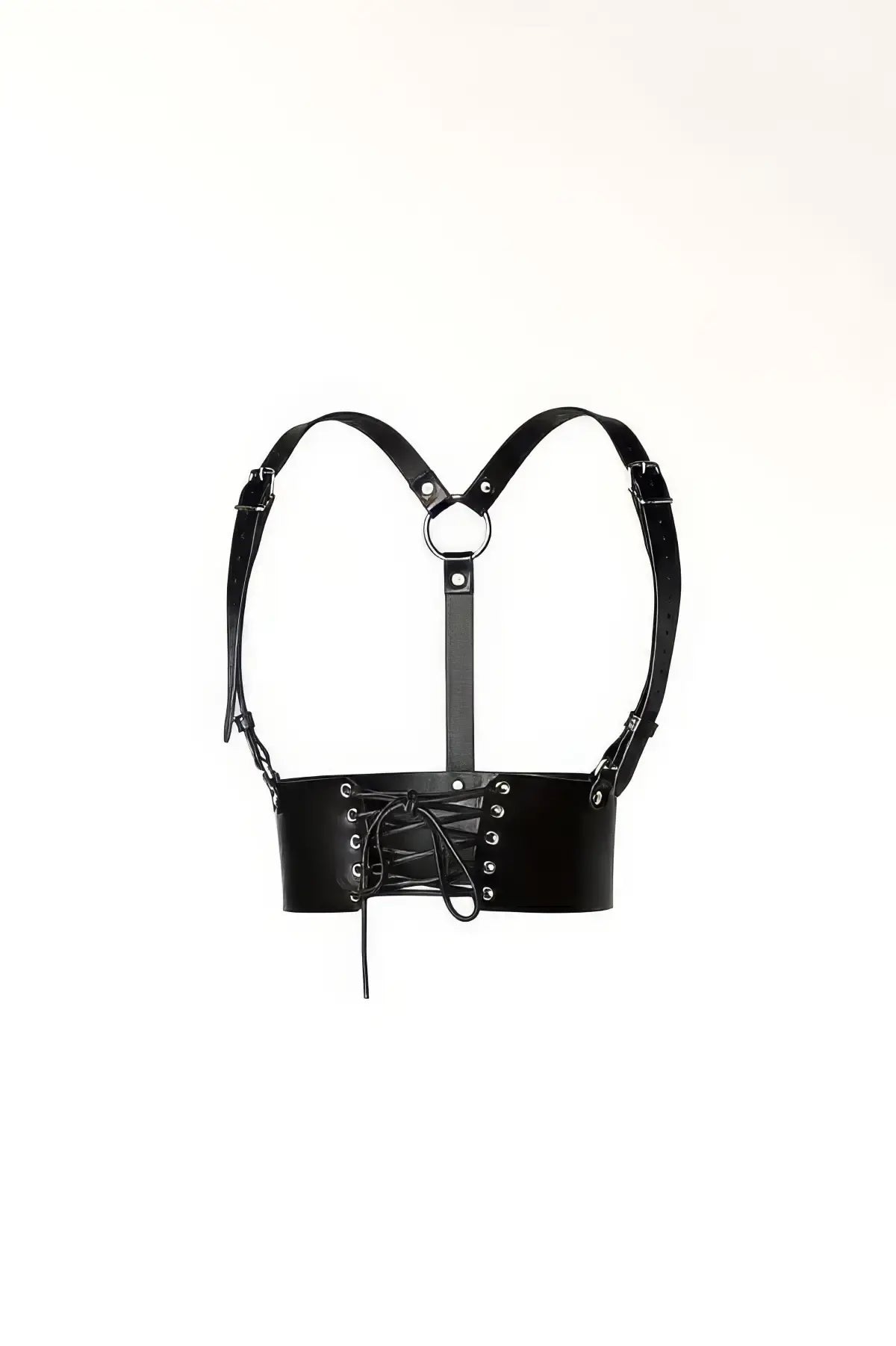 Womens black vegan leather corset waist belt with lace-up front and Y-straps, HarnessClub.