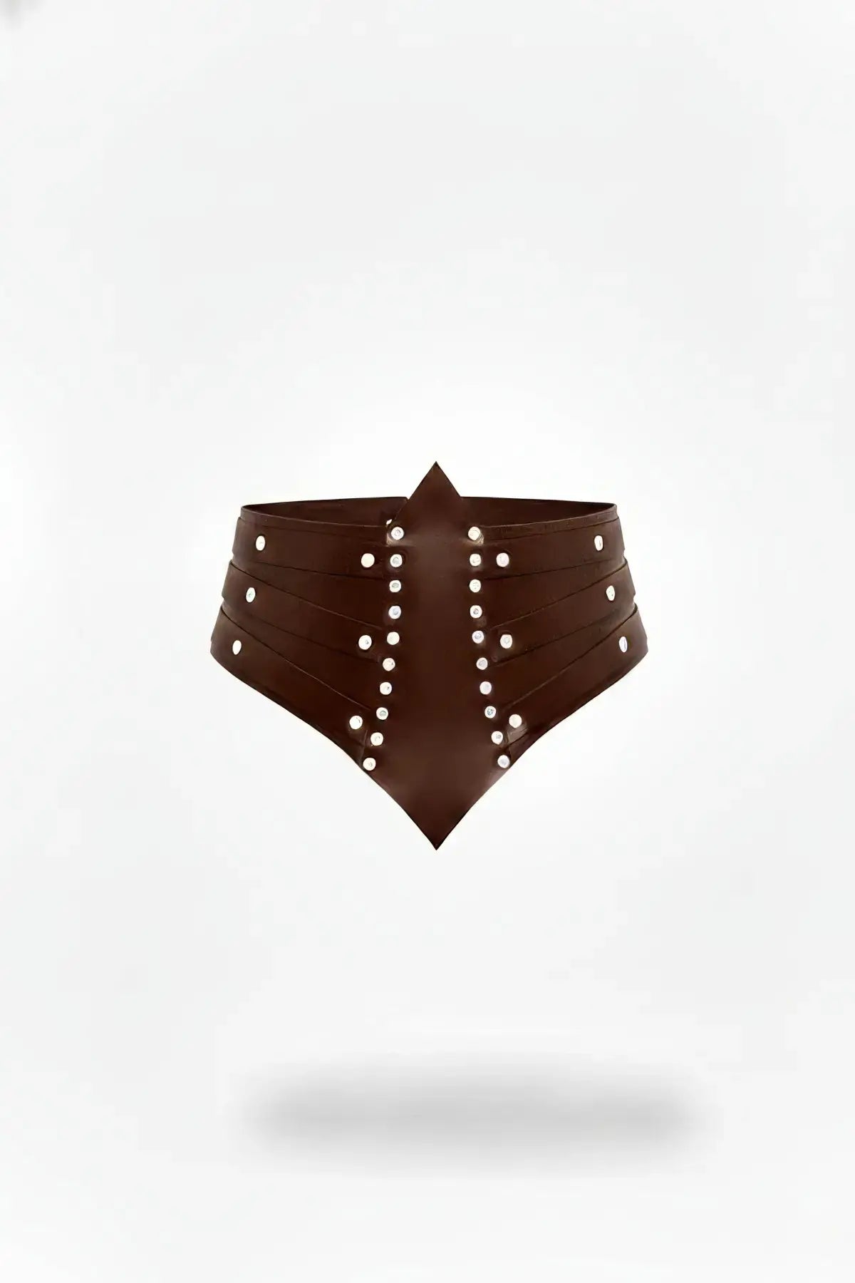 Womens brown vegan leather corset belt with diamond studs; HarnessClub waist accessory.