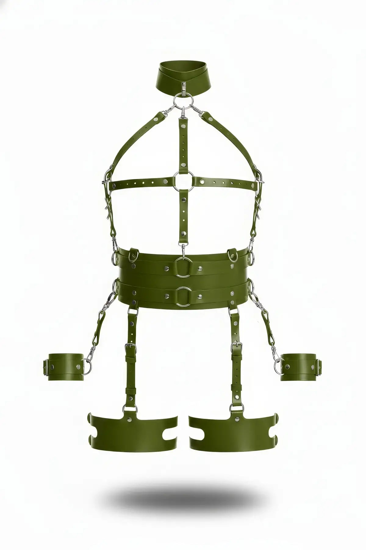 Womens khaki vegan leather five-piece harness set with collar, cuffs and thigh bands by HarnessClub