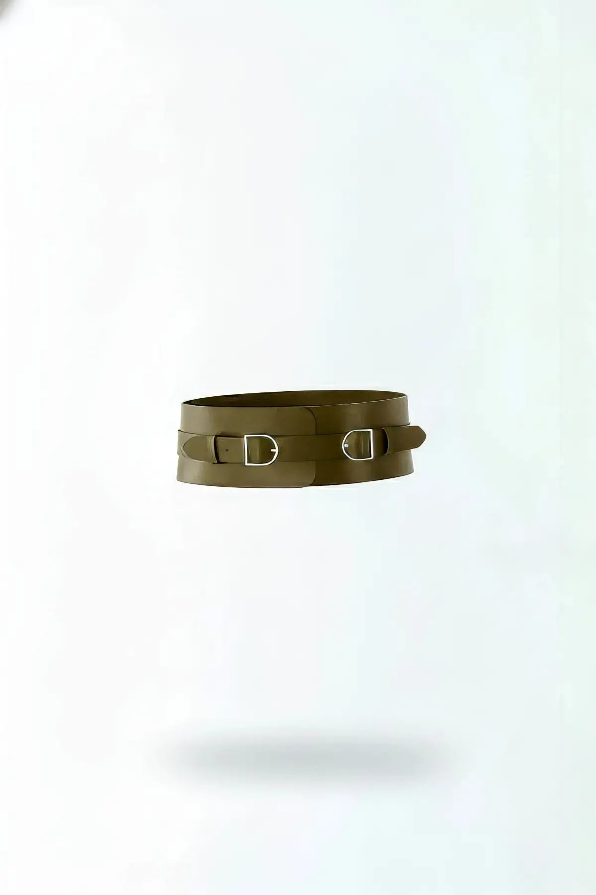 Women's khaki wide vegan-leather belt with two square silver buckles.