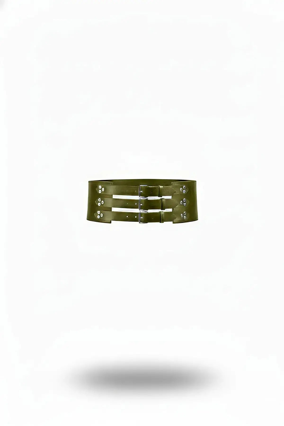 Women's olive triple-strap studded corset belt in vegan leather with silver hardware