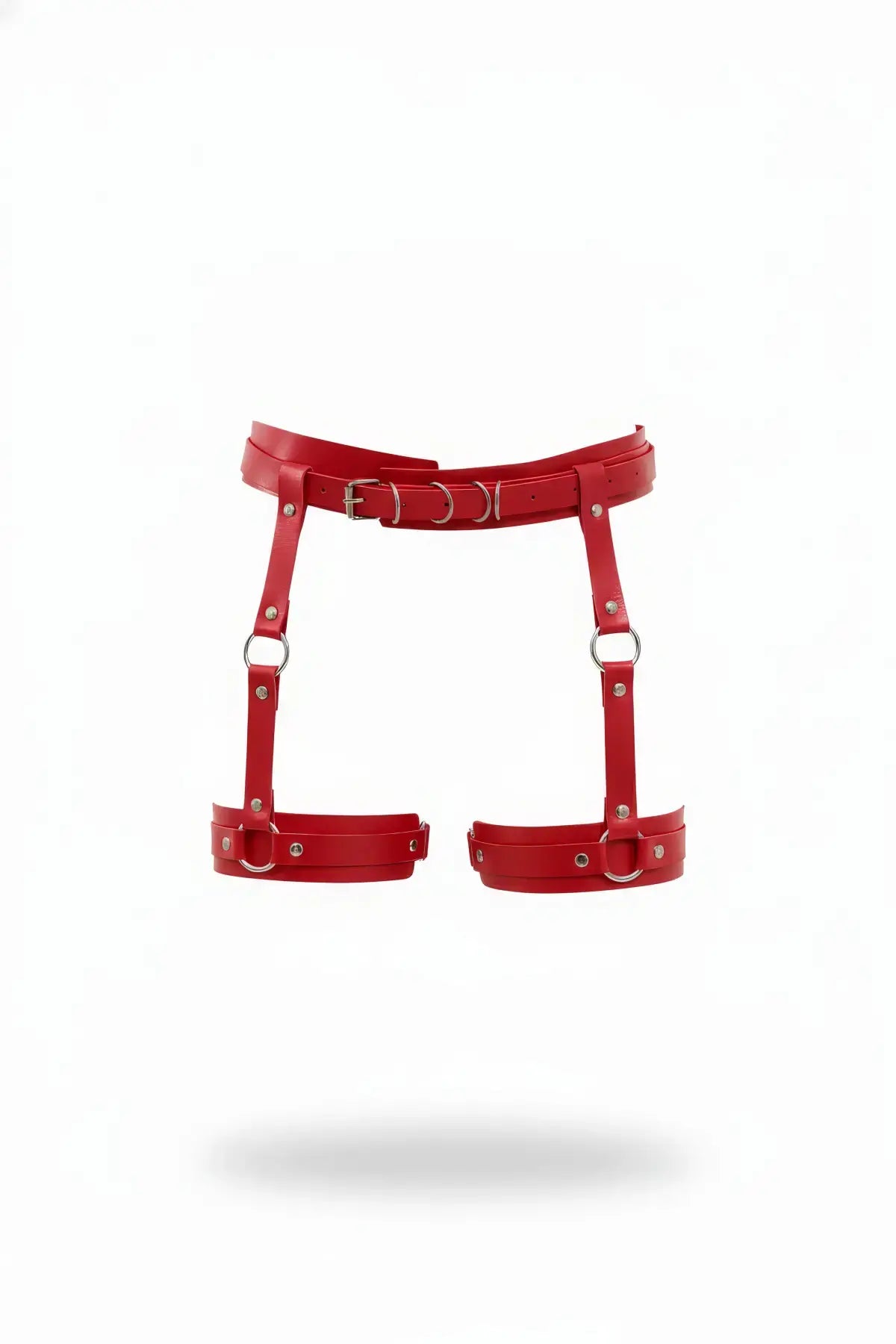 Women's red vegan leather garter leg harness with two thigh cuffs and buckled straps