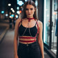 Women's red chain-detail collar body harness with vegan leather straps and silver chain by HarnessClub