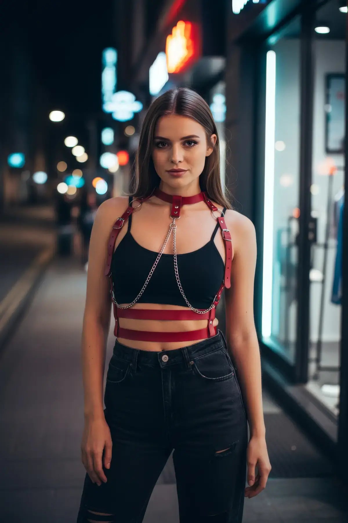 Women's red chain-detail collar body harness with vegan leather straps and silver chain by HarnessClub