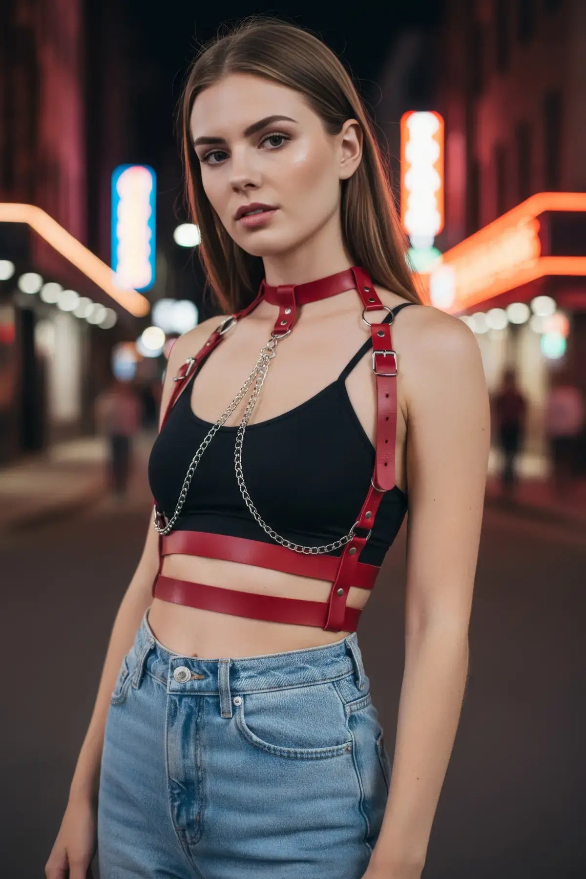 HarnessClub Women's red vegan leather chain-detail collar body harness with metal chains