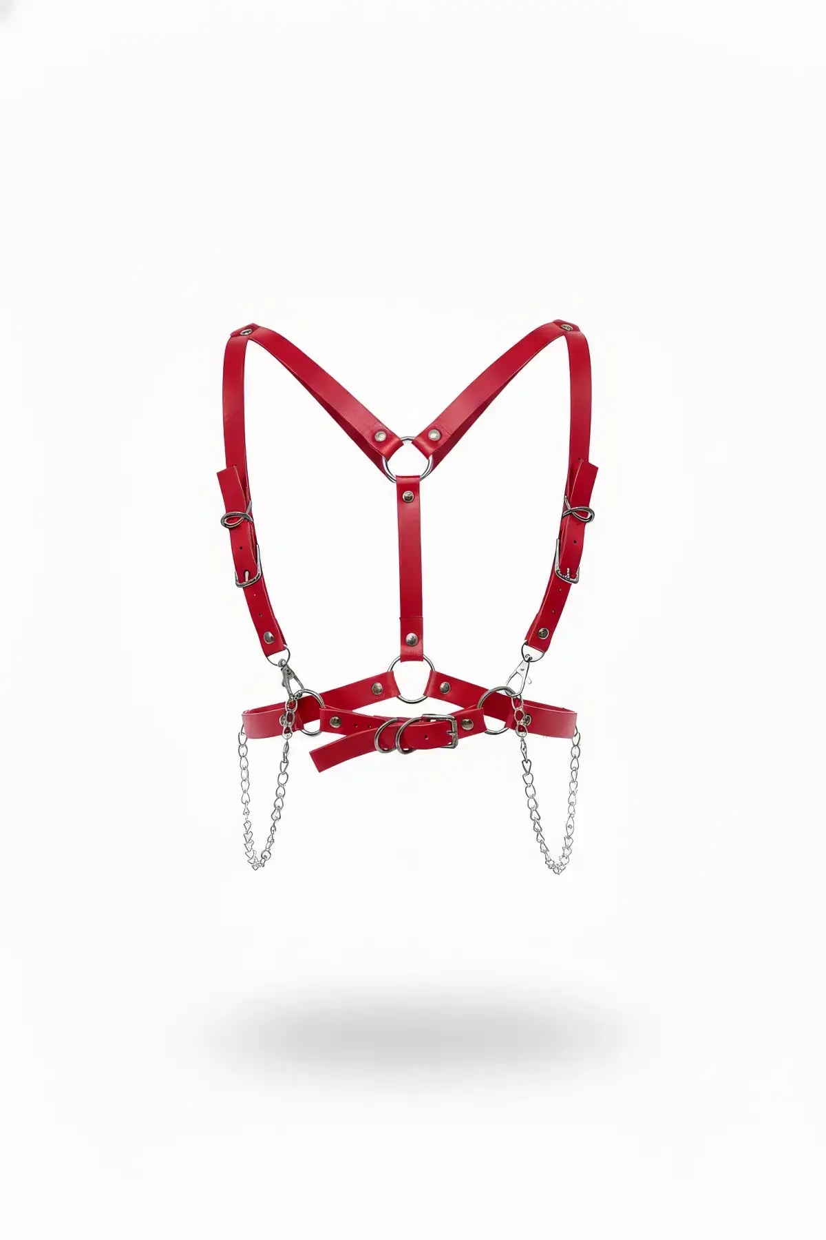 Women's red vegan leather buckle harness with chain drape, metal rings and hanging chains HarnessClub