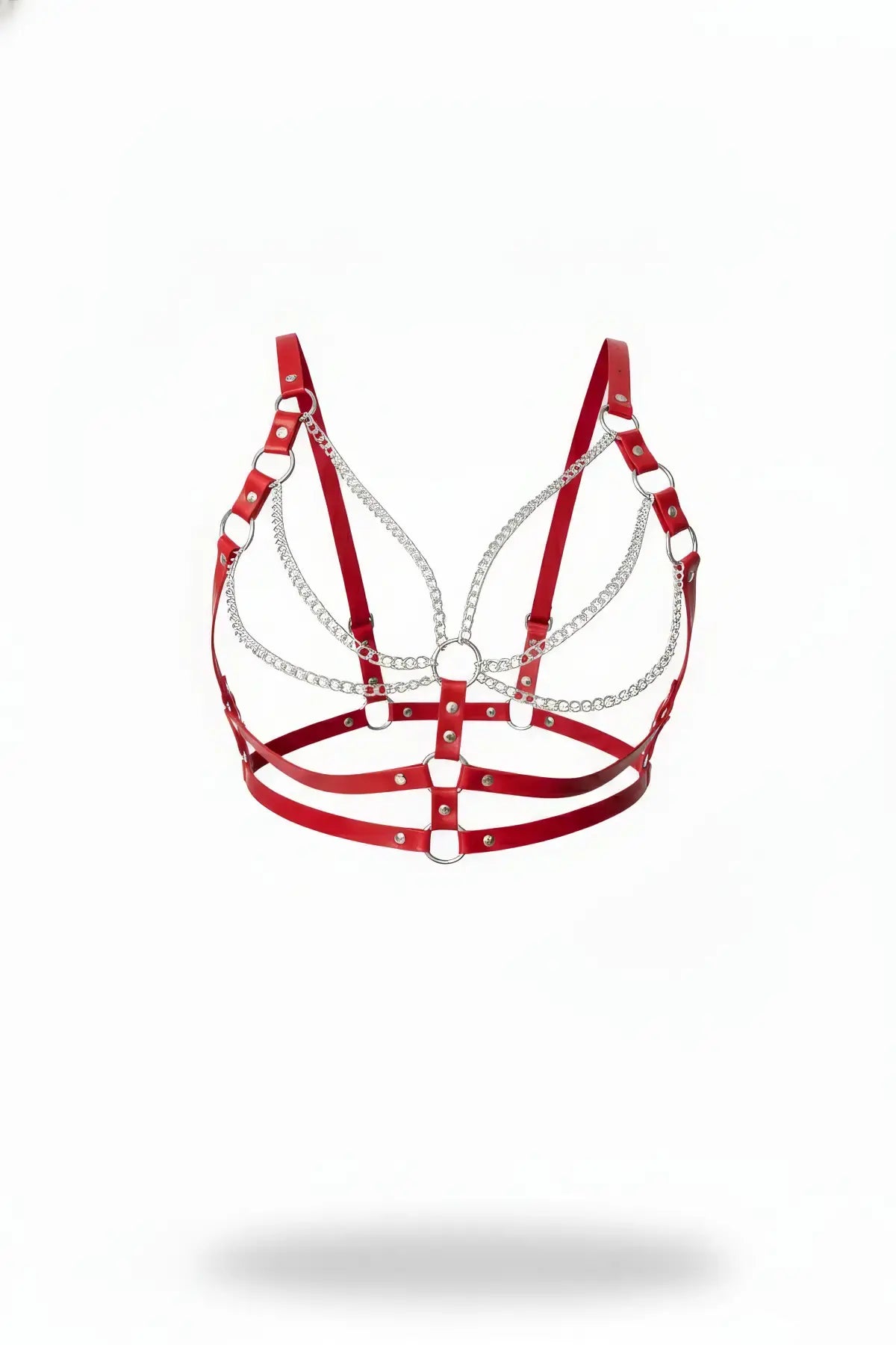 Women's red vegan leather chain-draped cage harness with silver chains and multiple straps.