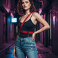 Women's red chain waist belt harness in vegan leather by HarnessClub, worn by model in a neon-lit alley.