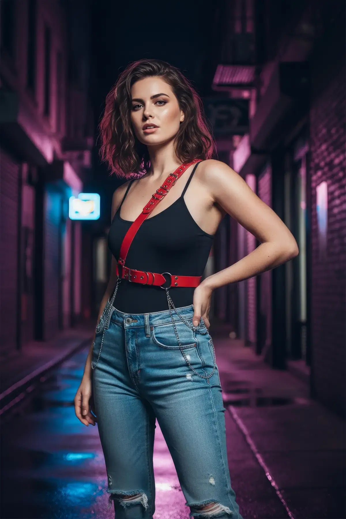 Women's red chain waist belt harness in vegan leather by HarnessClub, worn by model in a neon-lit alley.