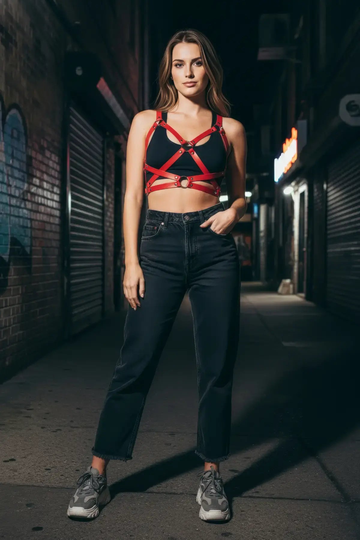 Women's Red Crossbody Body Harness | Vegan Leather Belt Accessory