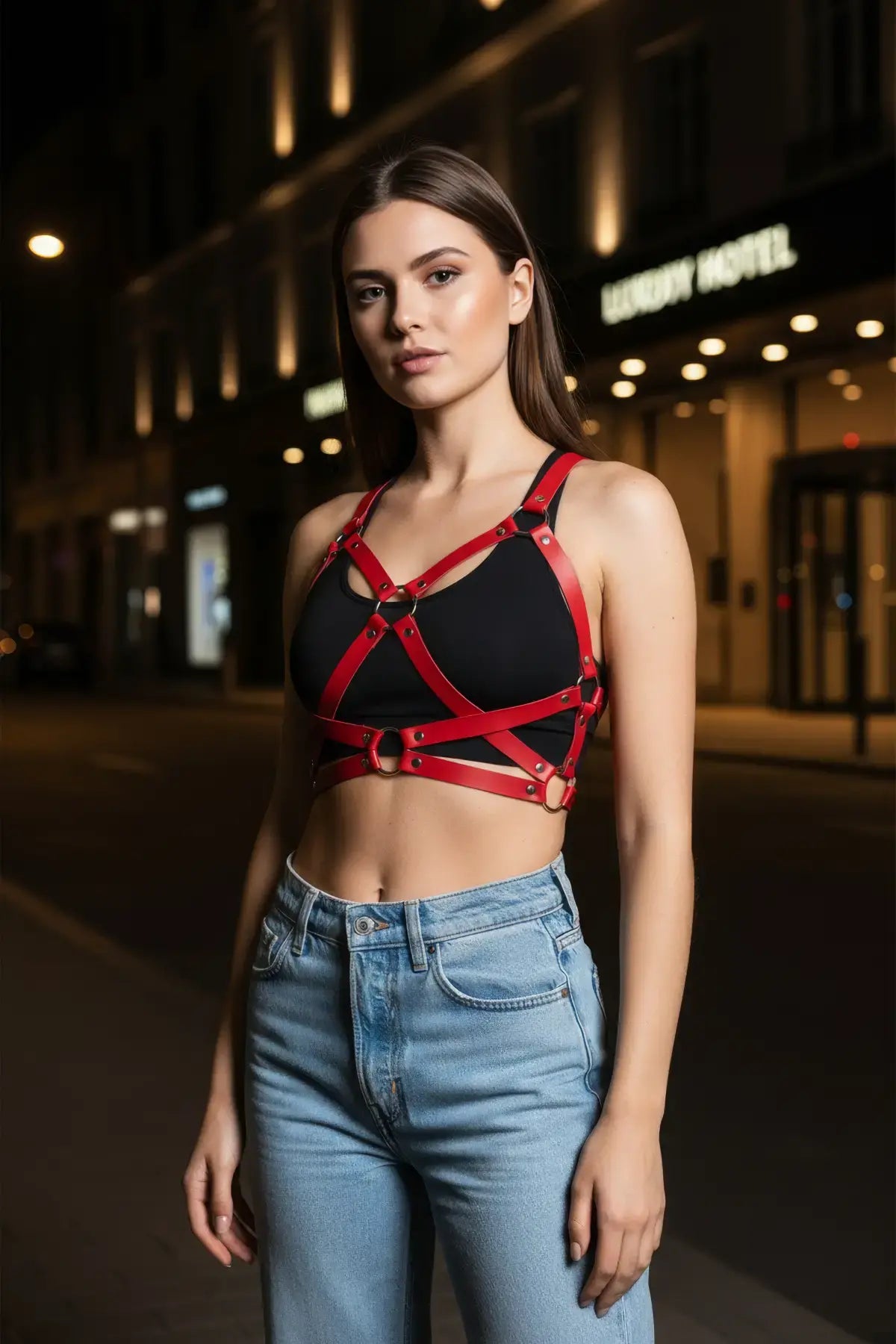 Women's red vegan leather crossbody body harness by HarnessClub worn over a black top