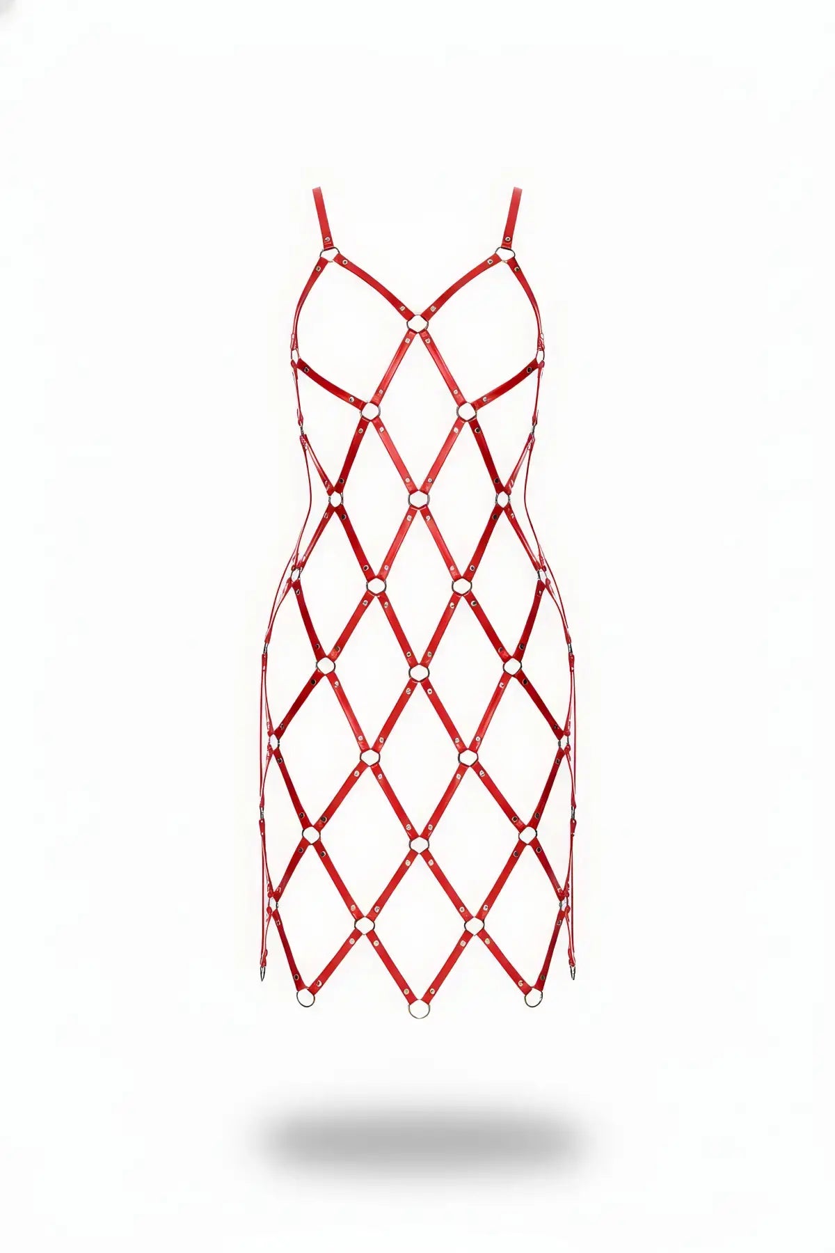 Womens red diamond-lattice leather harness dress with silver O-rings, vegan leather body accessory