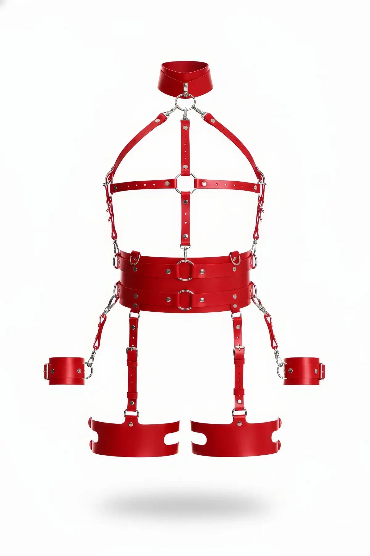 Women's red vegan leather five-piece collar body harness set by HarnessClub