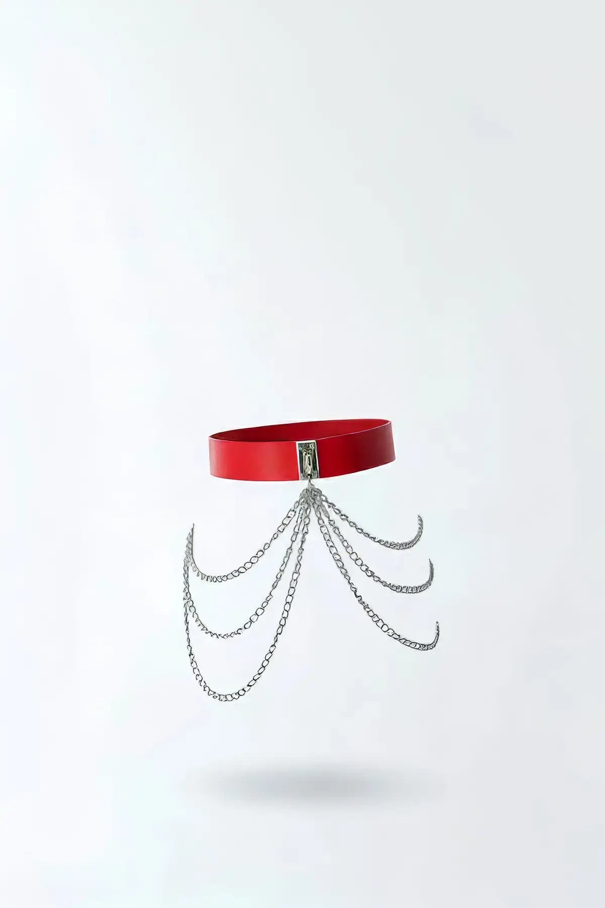 Womens red vegan leather waist belt with multi-chain silver drape by HarnessClub