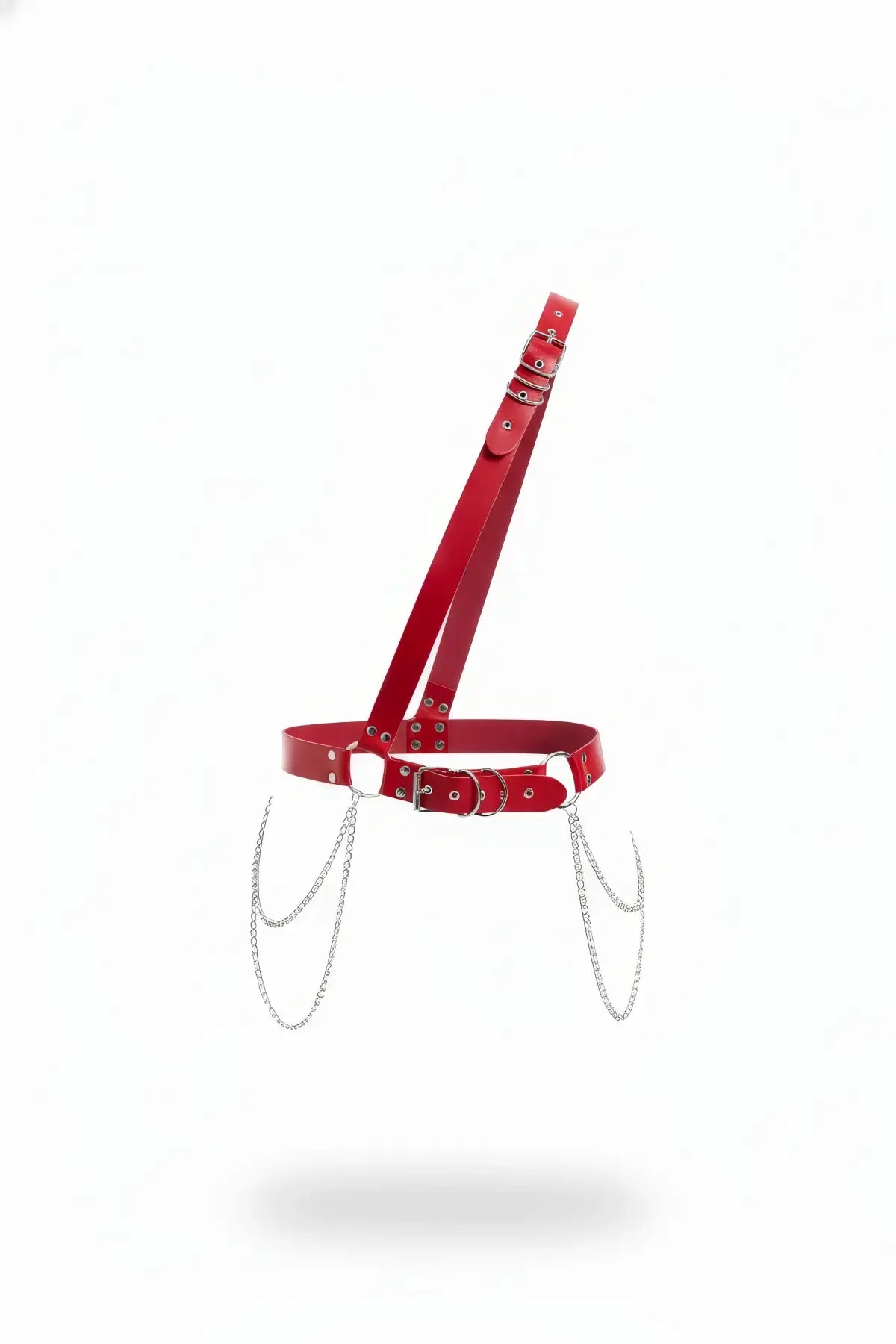 Women's red vegan-leather shoulder chain belt harness with silver hardware and chains