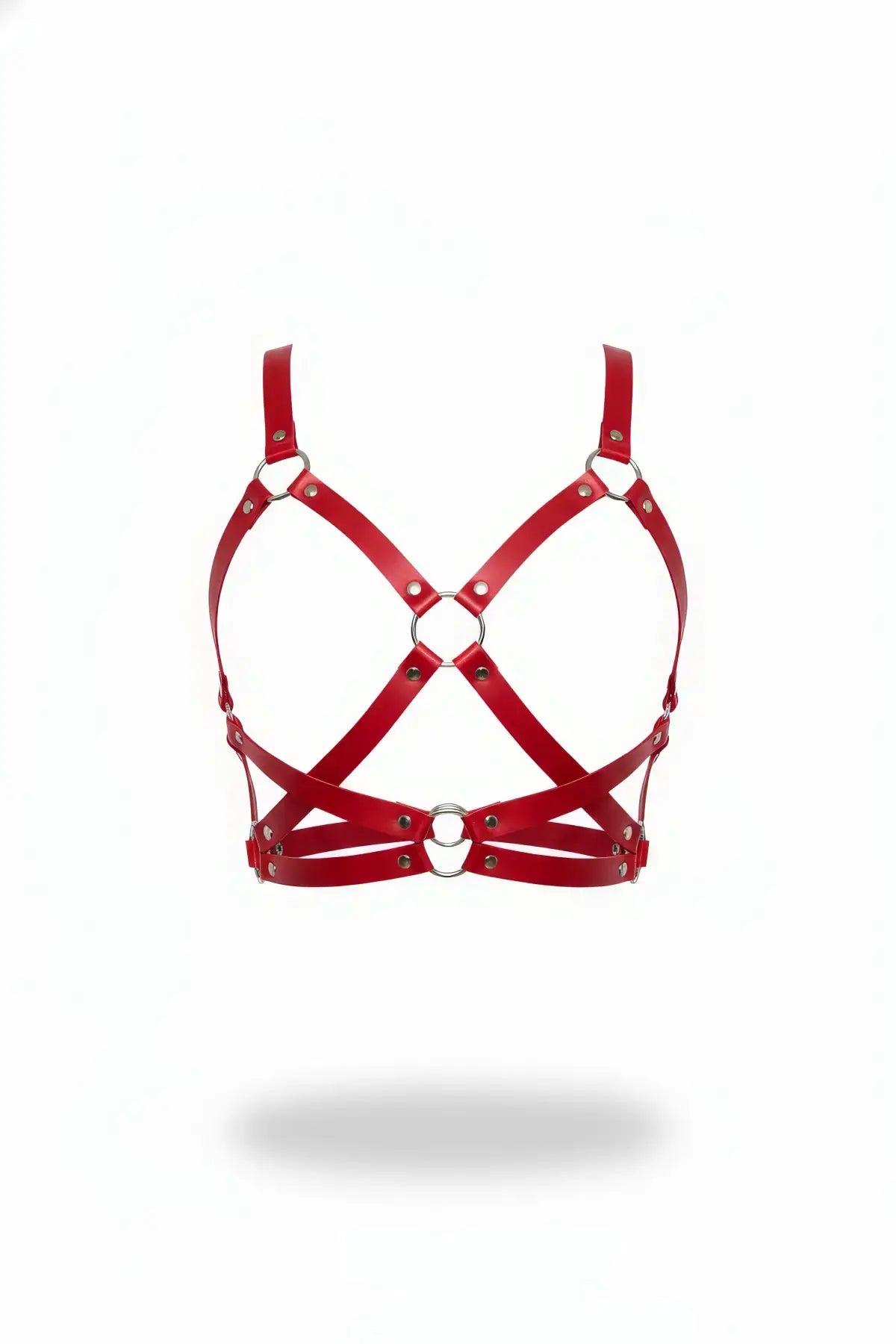 Women's red strappy O-ring cage bralette, vegan leather body harness
