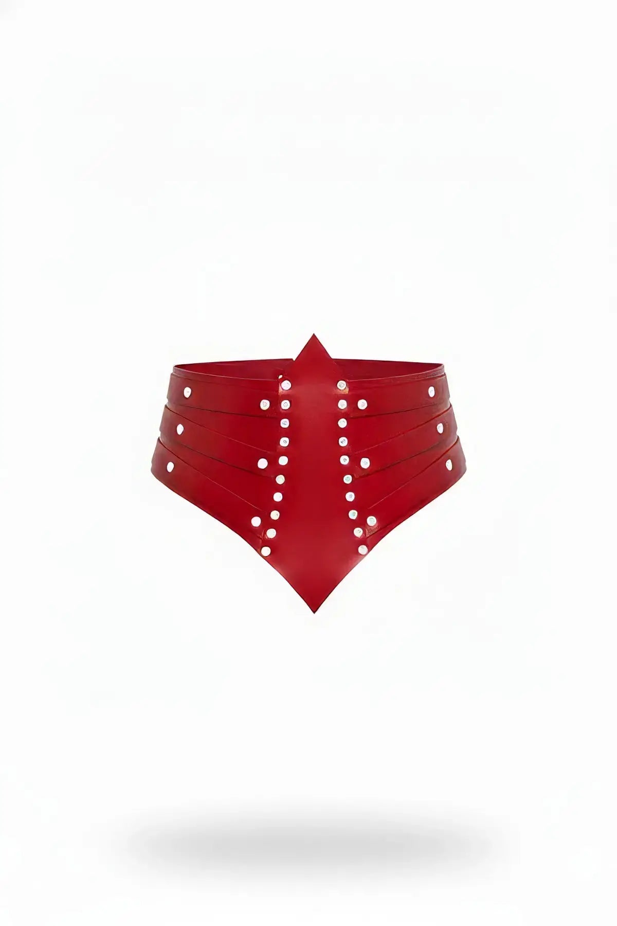 Womens red vegan leather diamond-stud corset belt by HarnessClub with silver studs