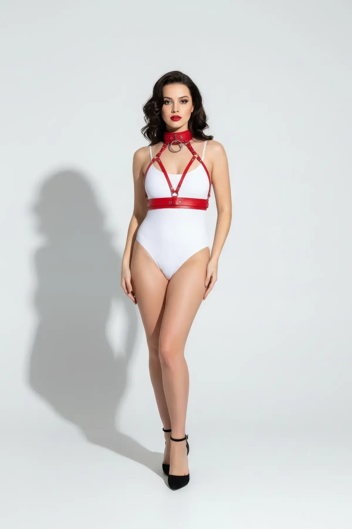 Womens red wide choker underbust harness with V-strap design in vegan leather