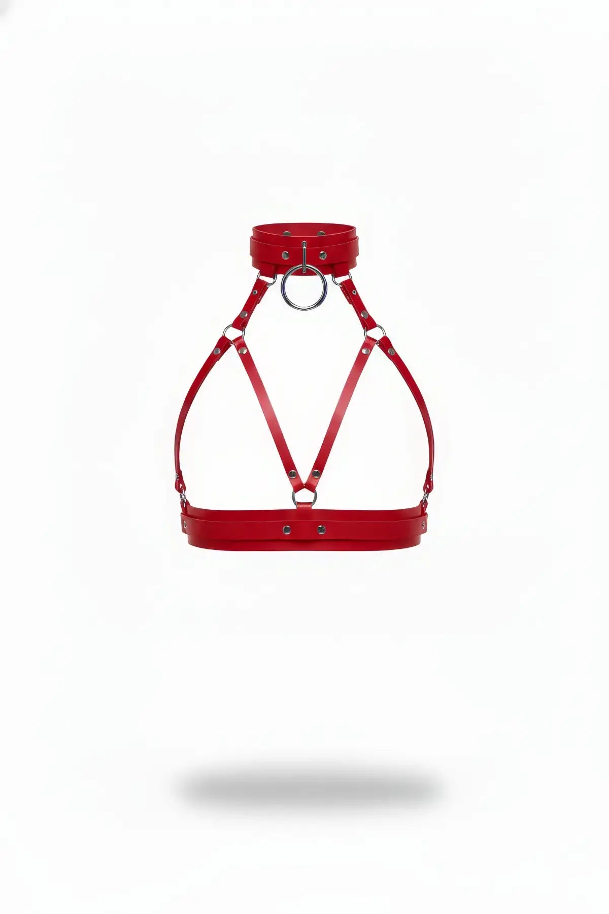 Womens red vegan leather wide-collar pentagon cage bralette harness by HarnessClub