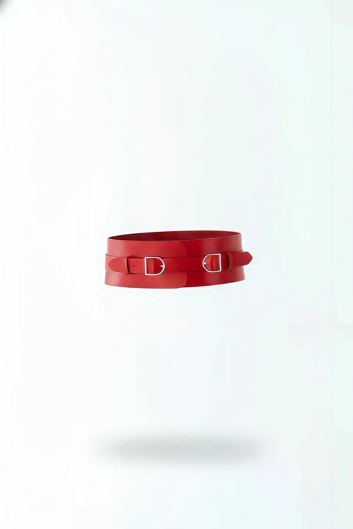Women's red wide corset belt in vegan leather, double-wrap design, set of 2 with silver buckles