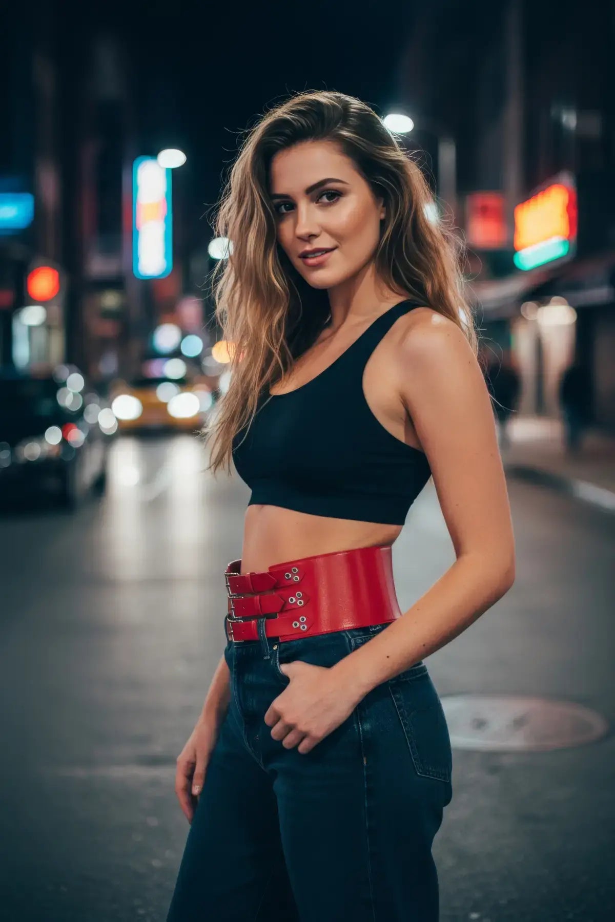 Women's red wide triple-buckle corset waist belt in vegan leather by HarnessClub