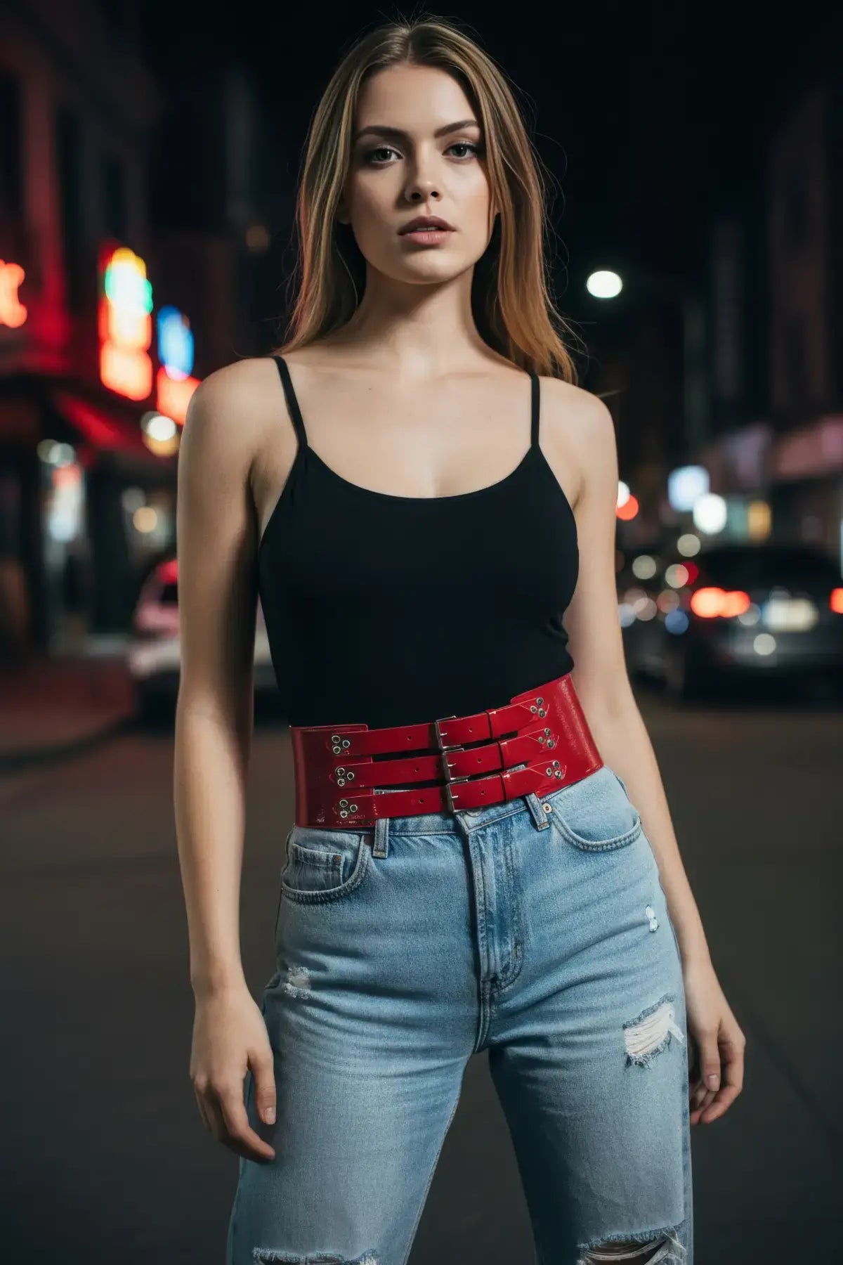 Women's red wide triple-buckle corset waist belt by HarnessClub in vegan leather